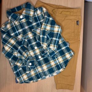 NWOT 2 Piece Eddie Bauer Infant Boys Blue/Tan Plaid Fleece Jacket Pants 9-12 Mo
